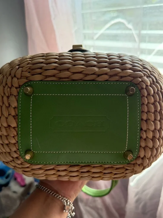 Coach Straw Tote with Lime Green Leather Trim - Picture 5 of 6